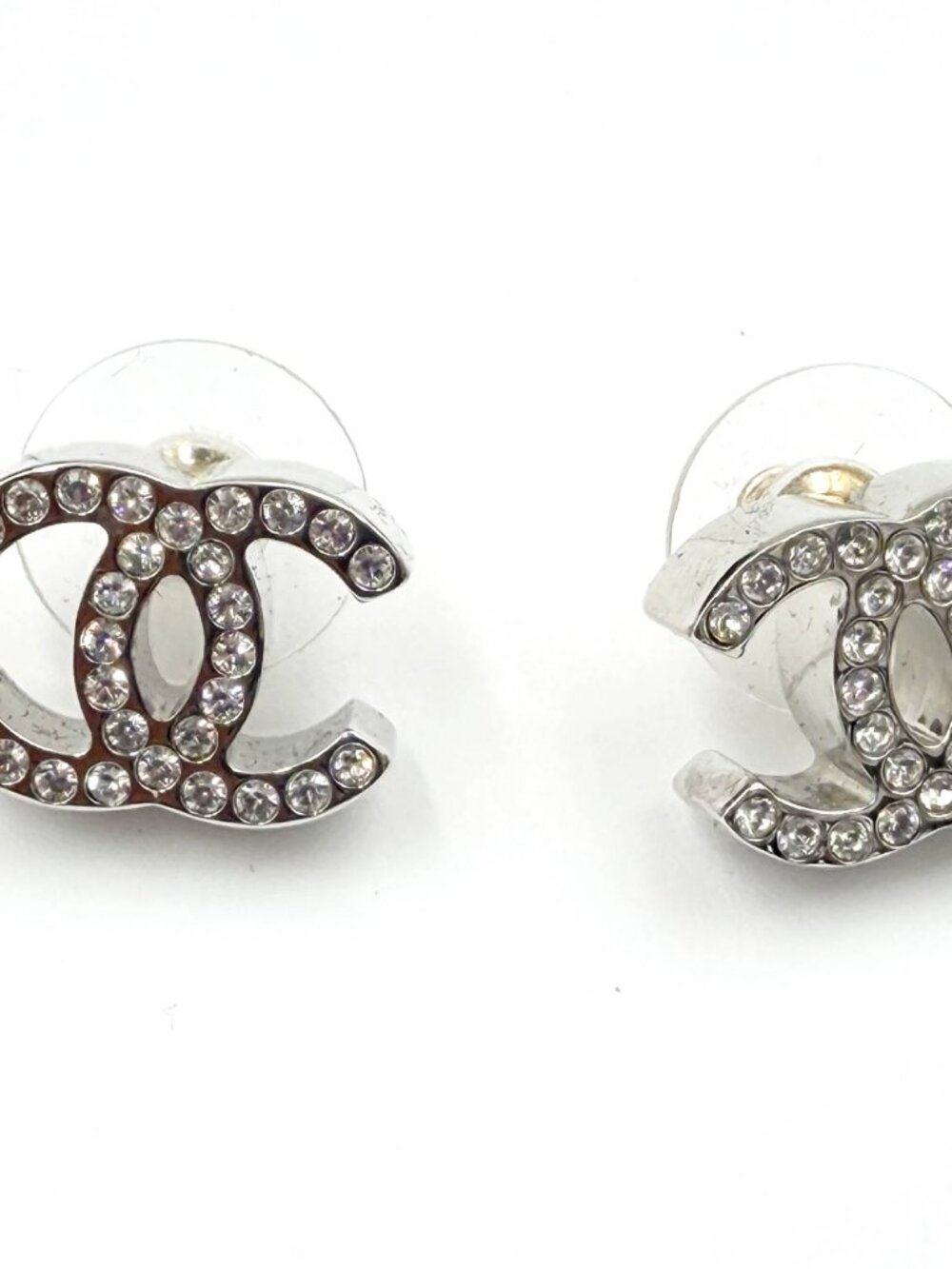 Chanel Brand New Silver Classic CC Crystal Piercing Earrings